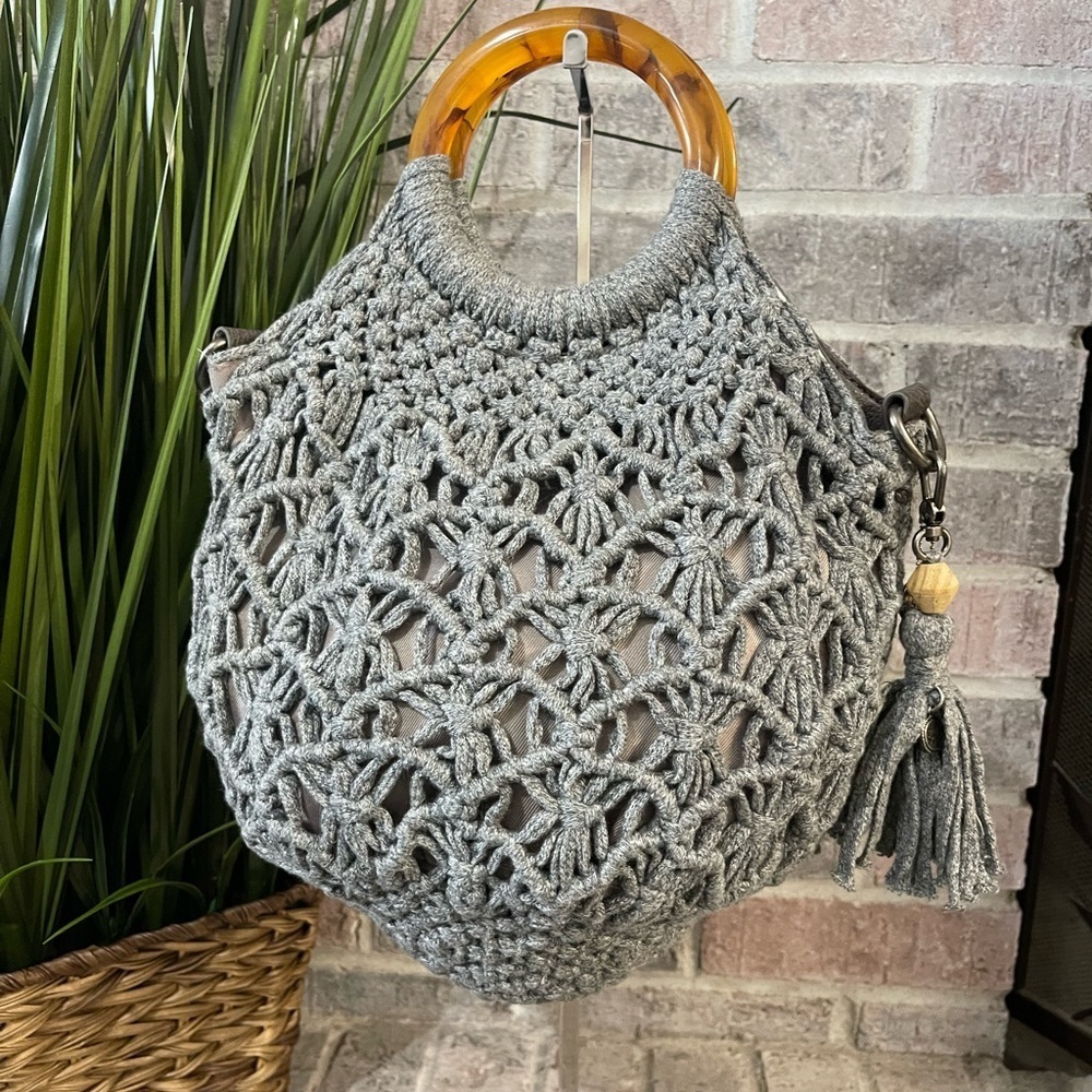 The Sak Gray Crochet Bag with Wooden Handle